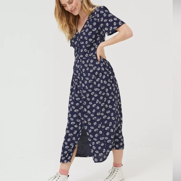 Fat Face Midi Dress Francis Daisy Floral Navy Blue Button Front Ditzy Modest 2 - Picture 1 of 13